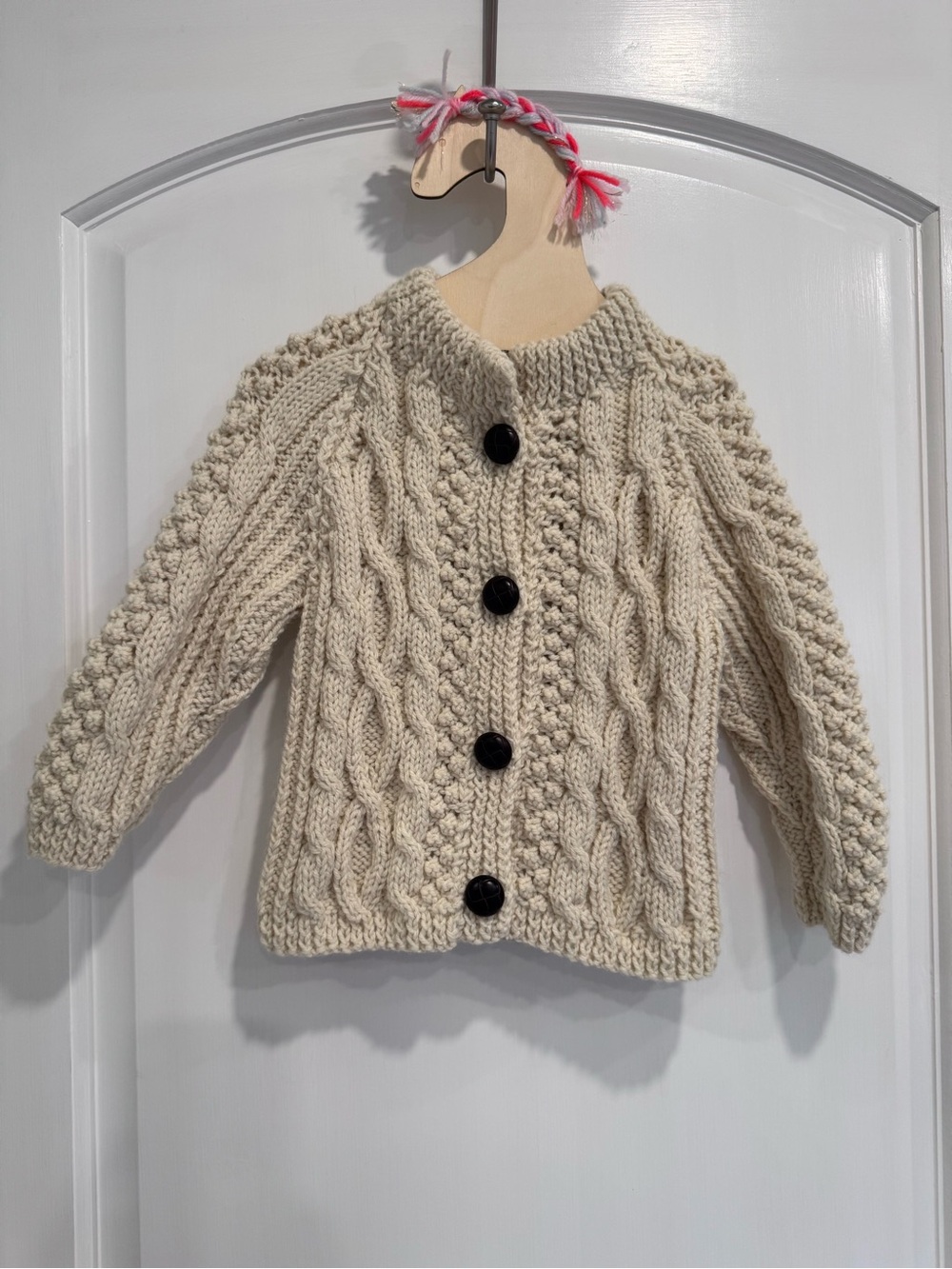 Handknit Cream Cable Knit Cardigan with dark brown buttons size 18 months- 3 yr